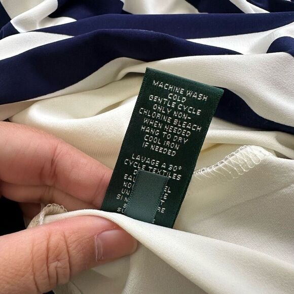 Ralph Lauren Navy White Striped Cap Sleeve Ruched Waist Drape Neck Dress sz‎ 12 - Picture 10 of 12